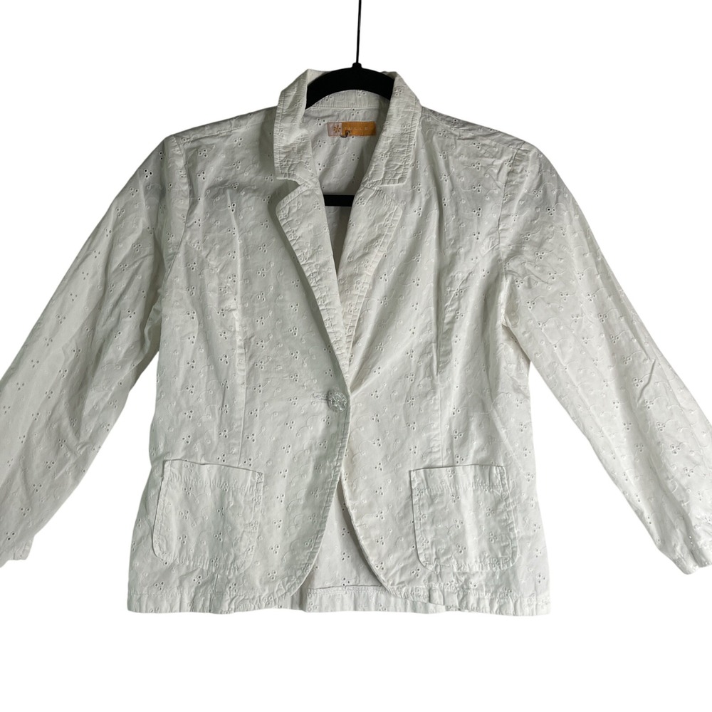 White Eyelet‎ One Button Cropped Blazer Pockets Cottagecore Feminine Boho Summer